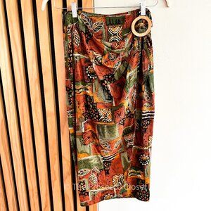 Vintage 1980s Tribal Boho Wrap Skirt with Wood Buckle Detail (S)